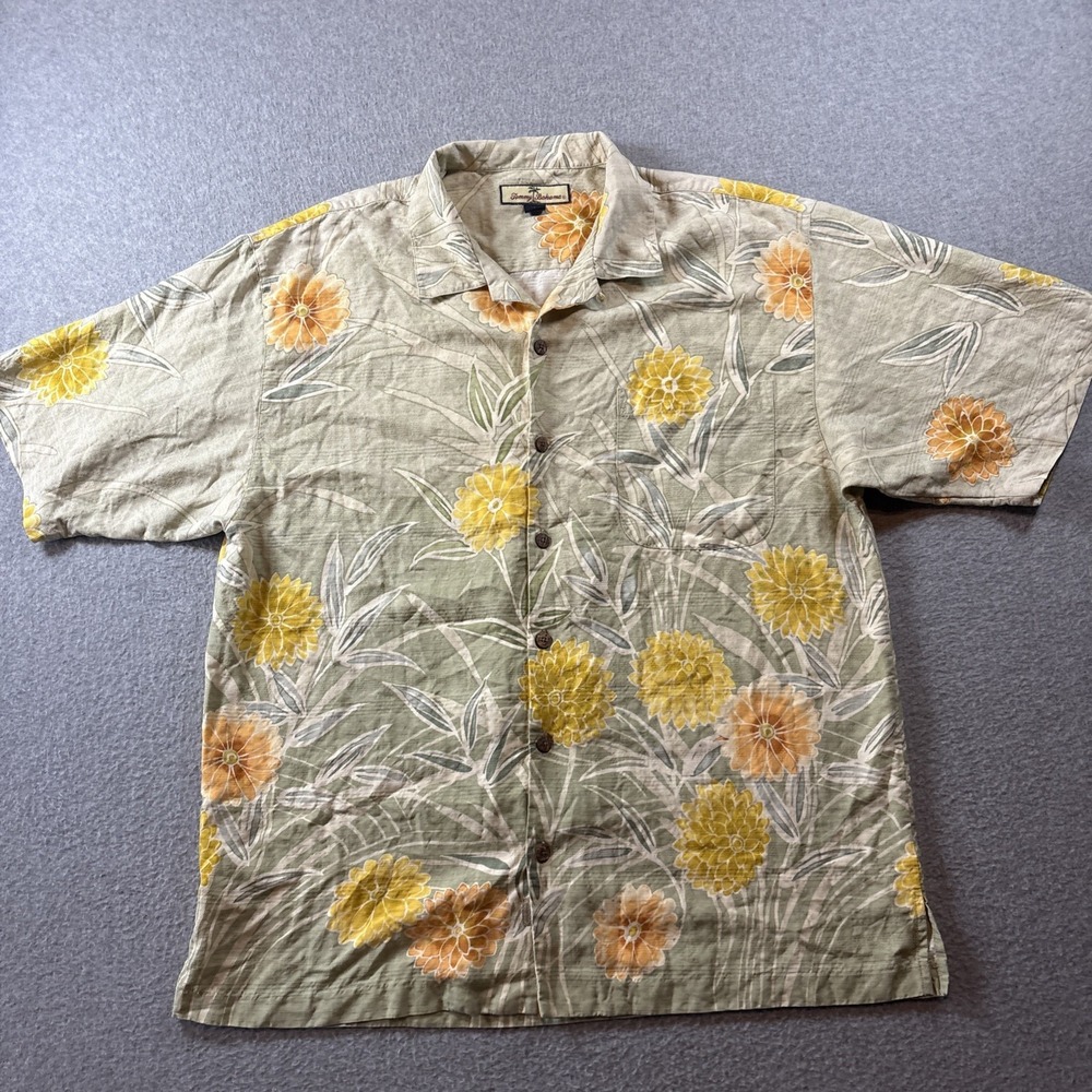 Tommy Bahama Hawaiian Silk Men's Sz L Button Up Green Colorful Vacation